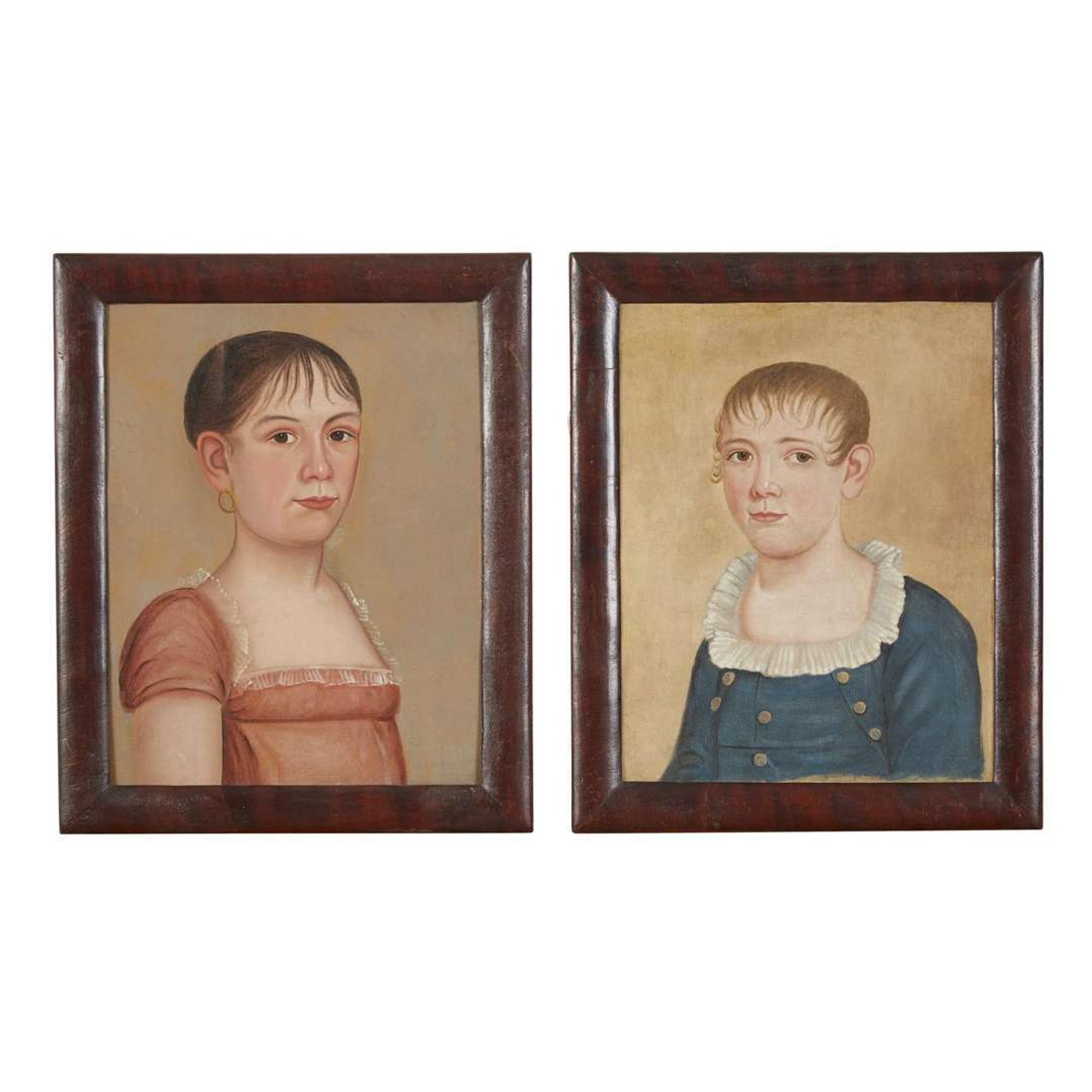 The Burpee-Conant Limner Pair of portraits: young girl in peach dress and young boy in blue jacket, early 19th century