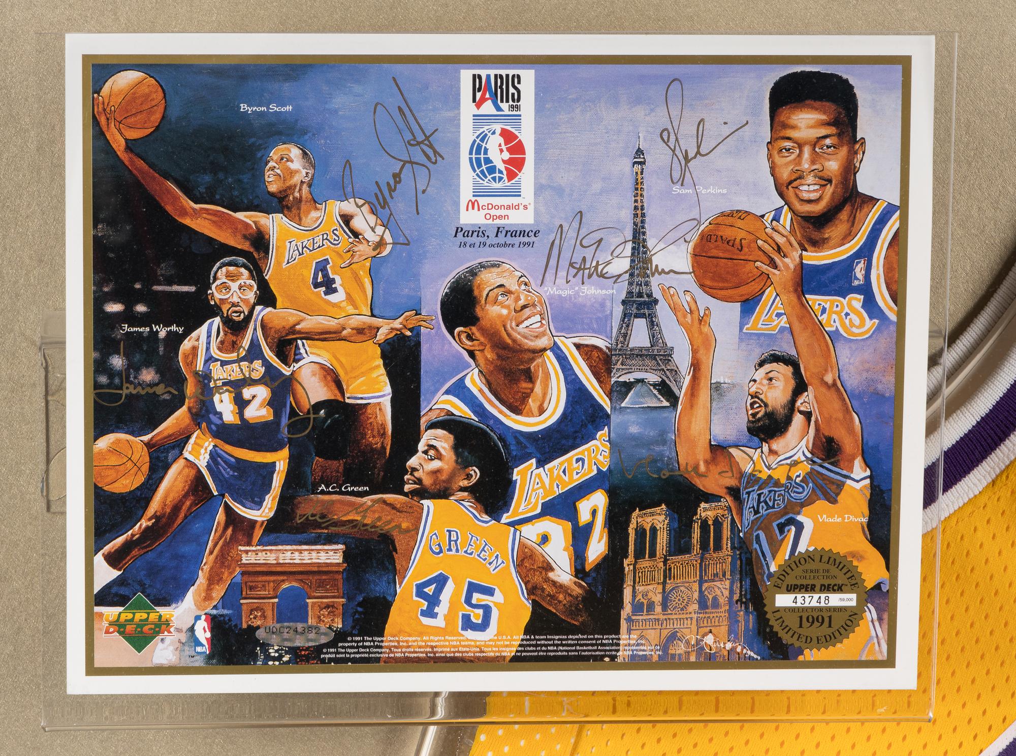 An Upper Deck Authenticated Magic Johnson Multi Signed Autograph Los Angeles Lakers Shadowbox Display,