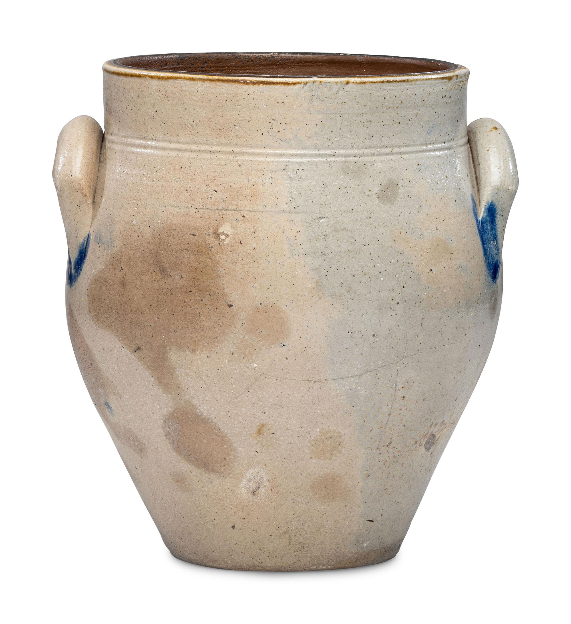A Daniel Fisk Four Gallon Cobalt Decorated Stoneware Crock