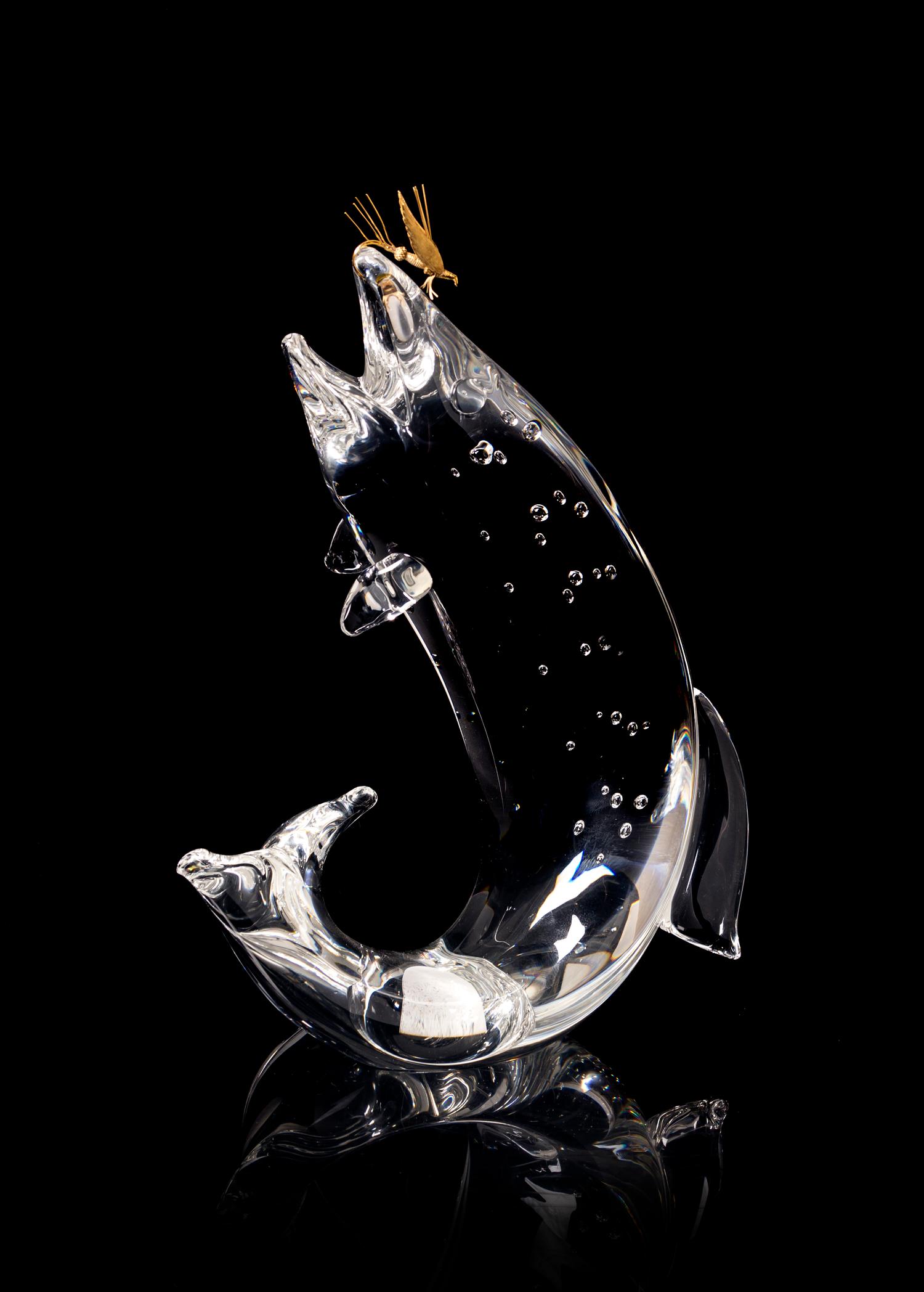 A Steuben Glass and 18 Karat Yellow Gold Sculpture, Height 9 inches.