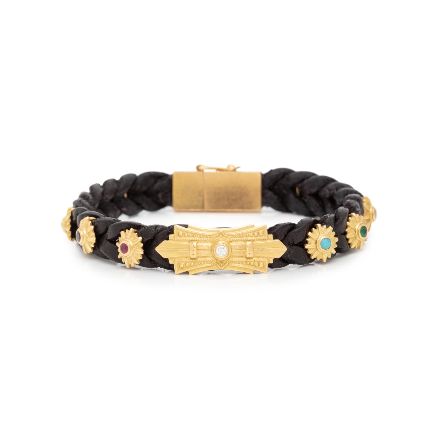 LEATHER, YELLOW GOLD, GEMSTONE AND DIAMOND BRACELET