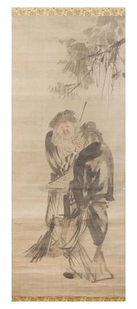 A Japanese Ink and Color on Paper Scroll Height of image 40 1/4 x width 16 1/2 inches.