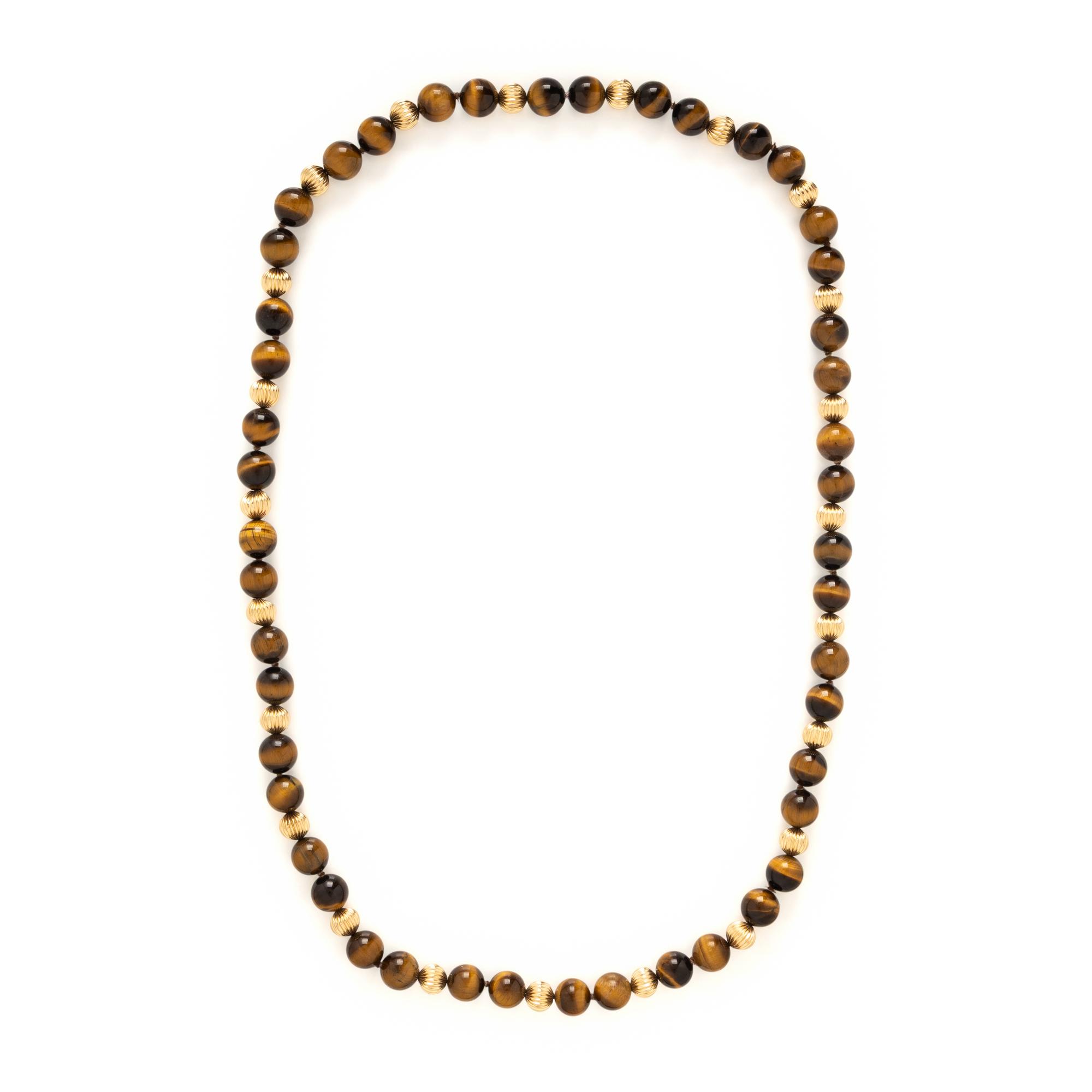 Two Tiger's Eye and Yellow Gold Beaded Necklaces, and One Malachite Beaded Necklace