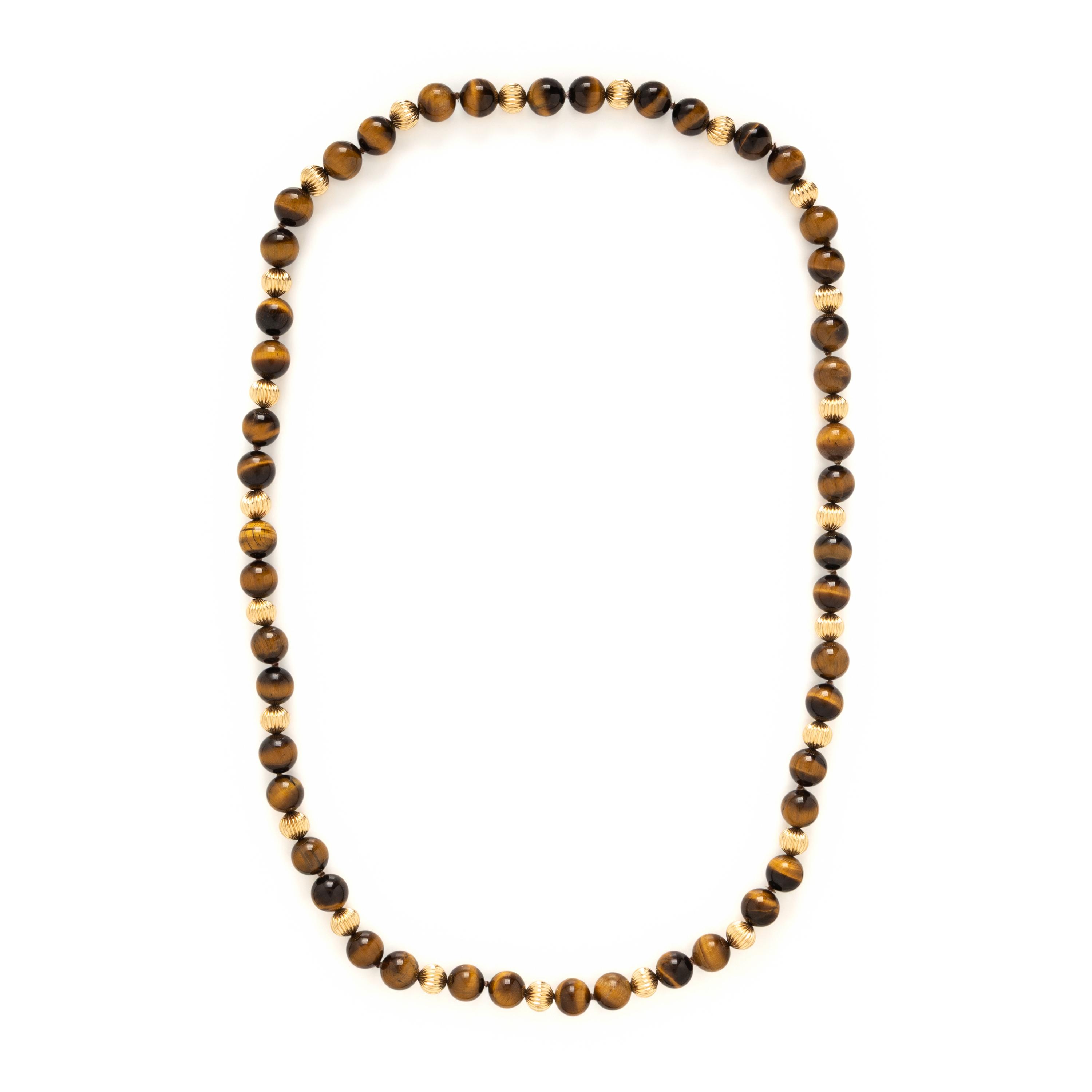Two Tiger's Eye and Yellow Gold Beaded Necklaces, and One Malachite Beaded Necklace