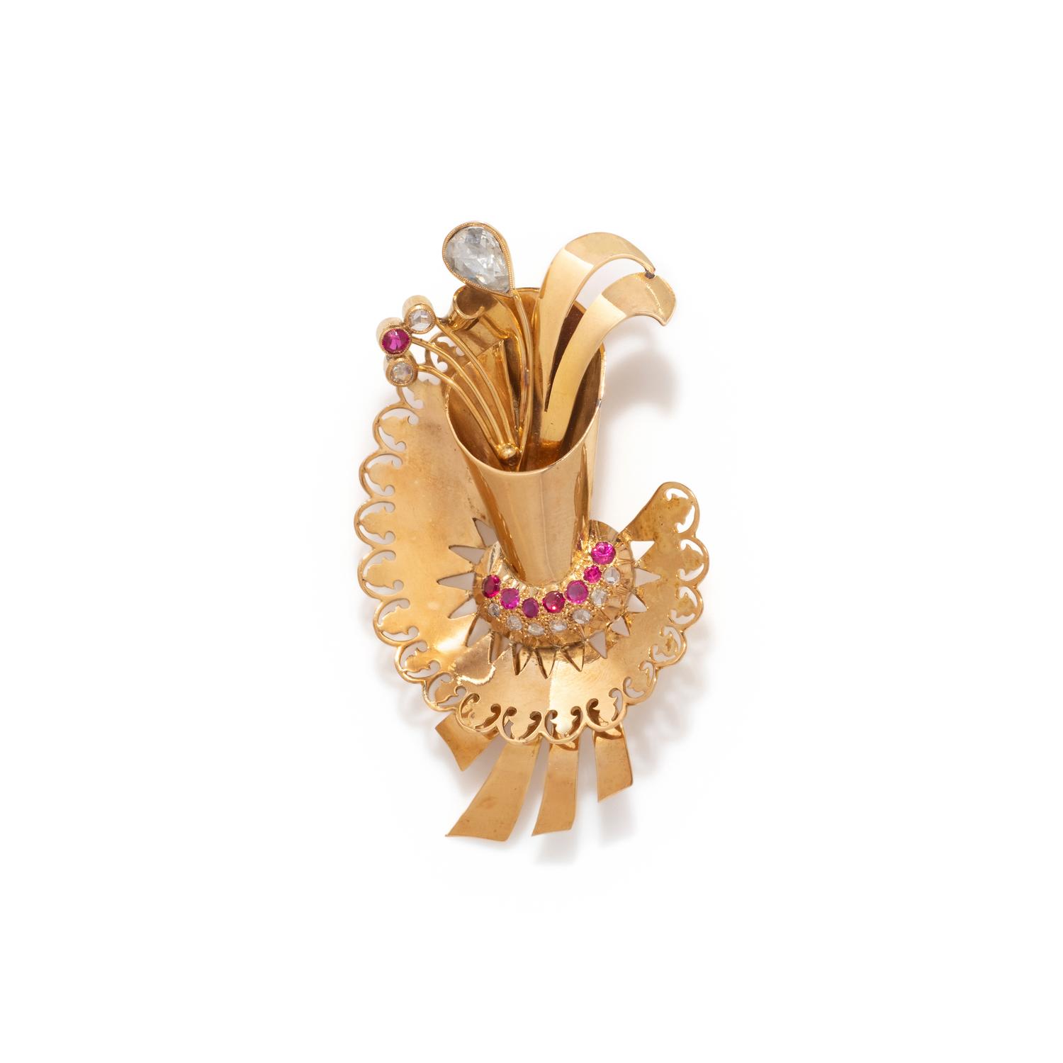 RETRO, DIAMOND AND SYNTHETIC RUBY BROOCH