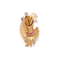 RETRO, DIAMOND AND SYNTHETIC RUBY BROOCH