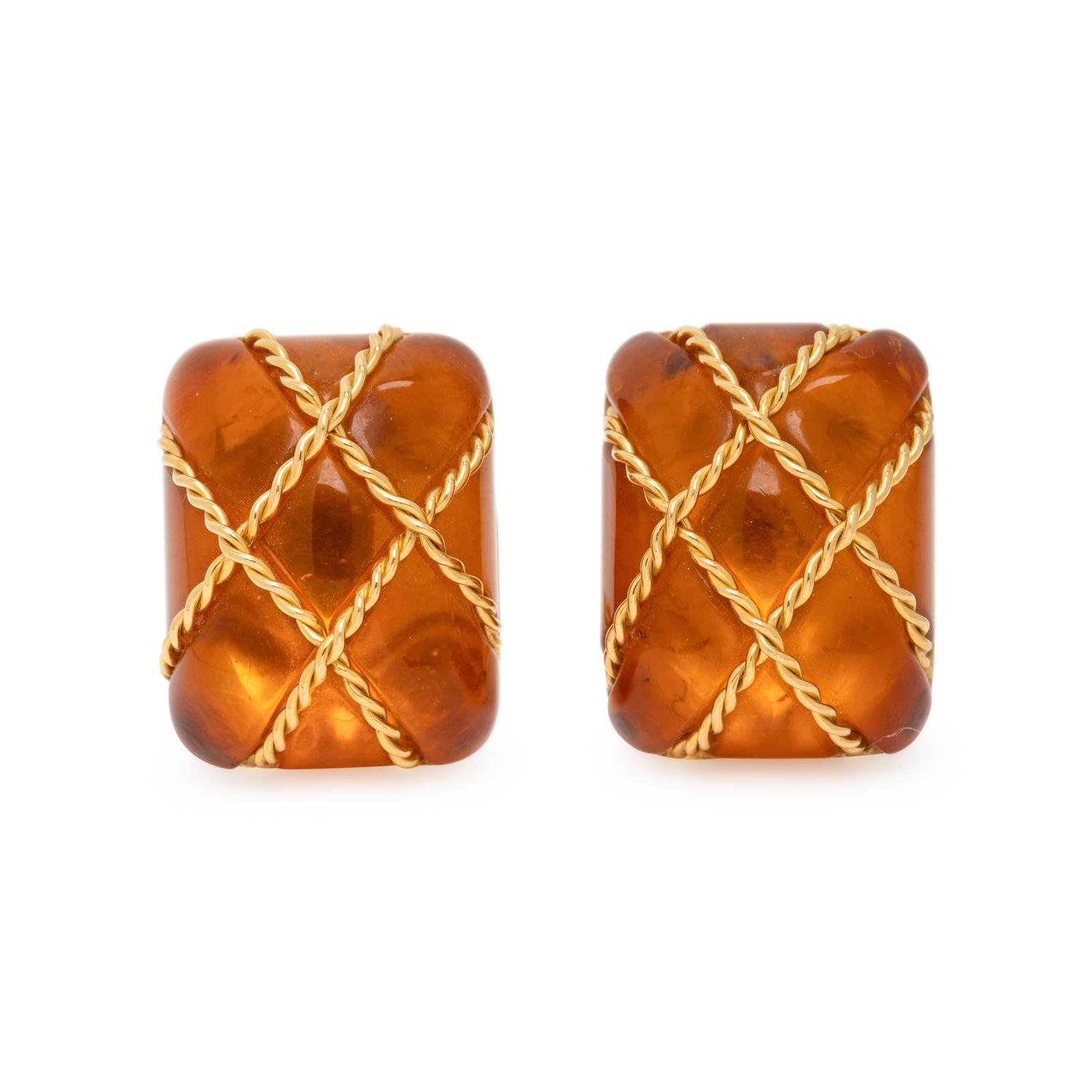 SEAMAN SCHEPPS, AMBER AND YELLOW GOLD 'CAGE' EARRINGS