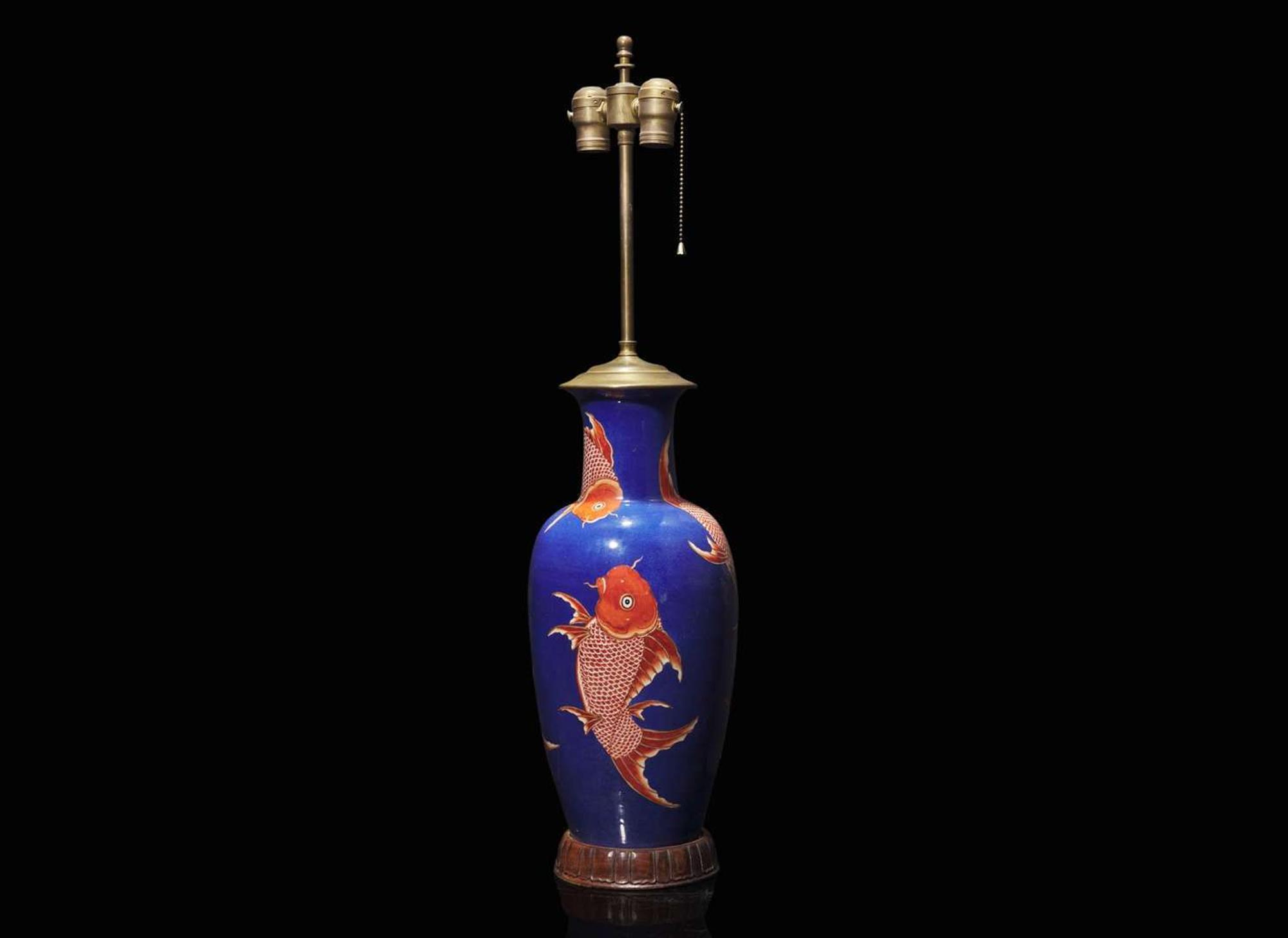 A Chinese blue ground "Carp" vase, now mounted as a lamp 藍地錦鯉瓶嵌檯燈