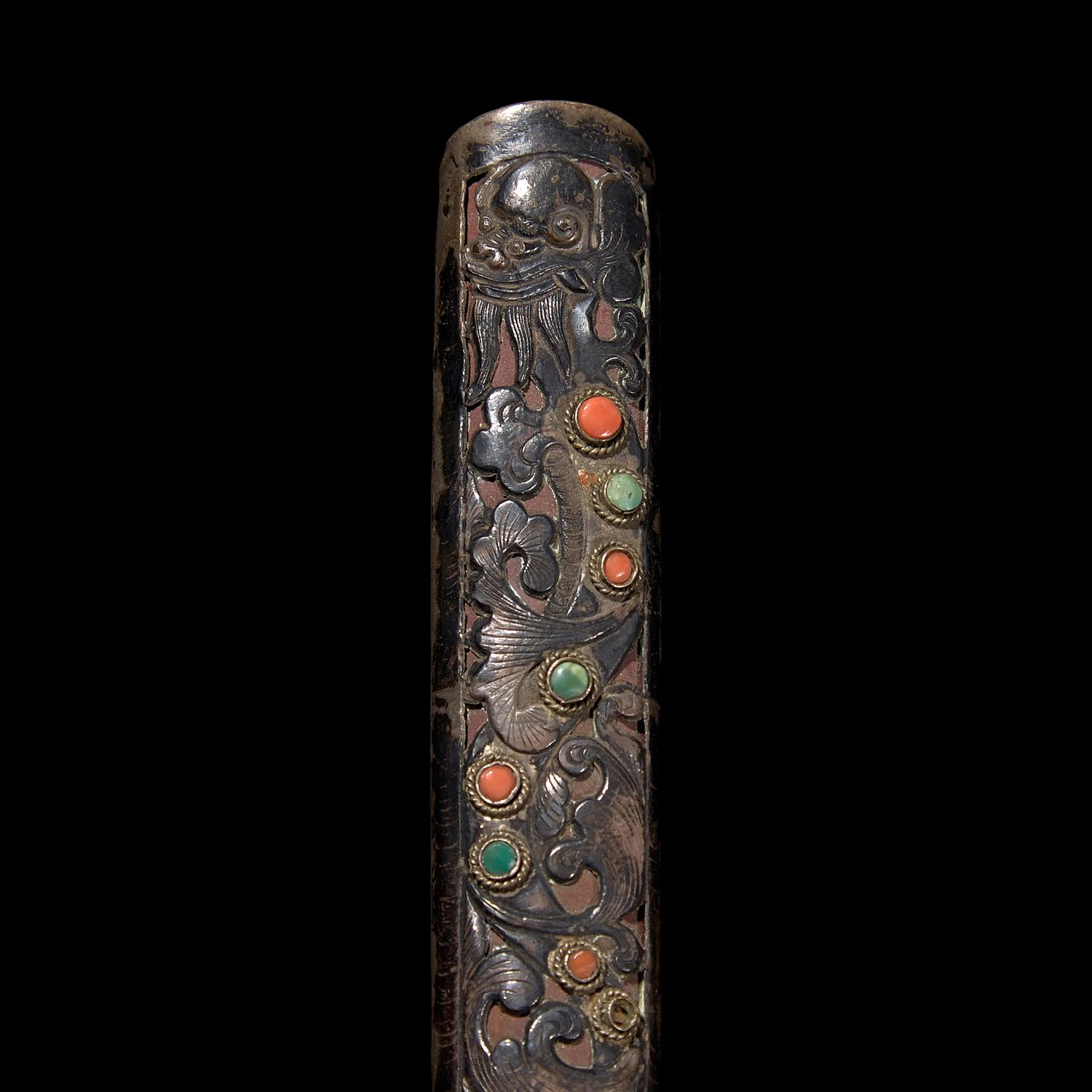 A Sino-Tibetan or Mongolian Embellished Silver Knife and Scabbard 藏漢或蒙古 嵌寶銀匕首一幅
