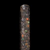 A Sino-Tibetan or Mongolian Embellished Silver Knife and Scabbard 藏漢或蒙古 嵌寶銀匕首一幅