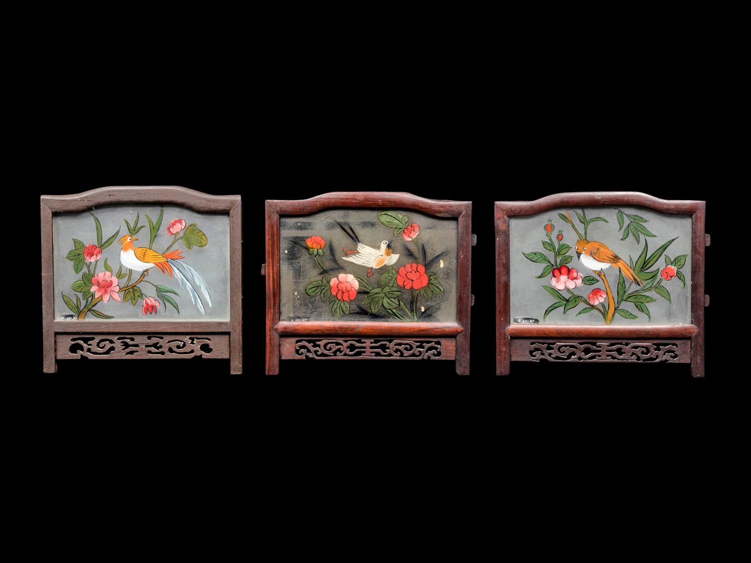 Three Chinese Painted on Glass and Wood Lanterns