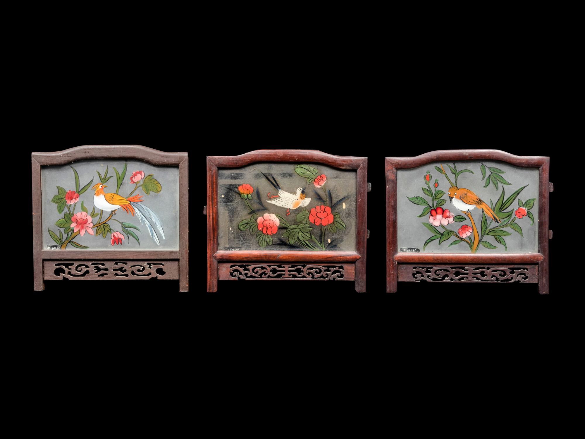 Three Chinese Painted on Glass and Wood Lanterns