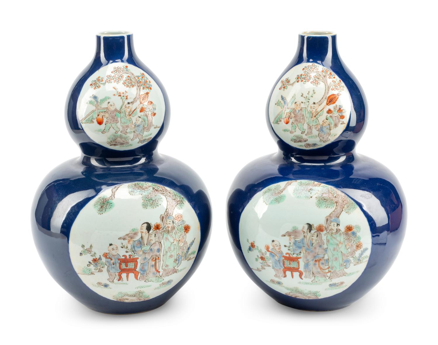 A Pair of Chinese Export Enameled Blue-Ground Double-Gourd Porcelain Vases
