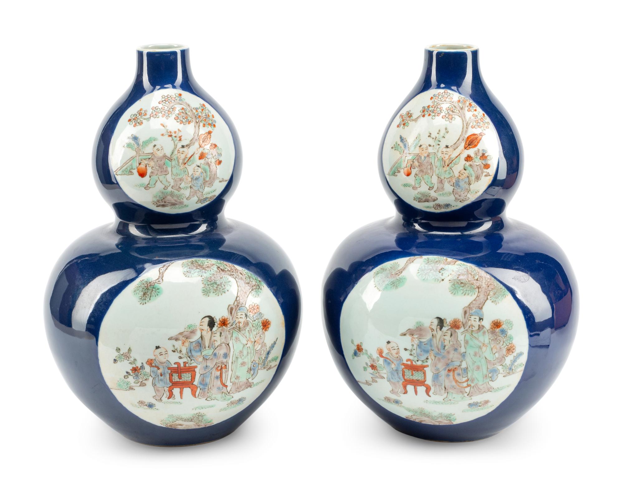 A Pair of Chinese Export Enameled Blue-Ground Double-Gourd Porcelain Vases