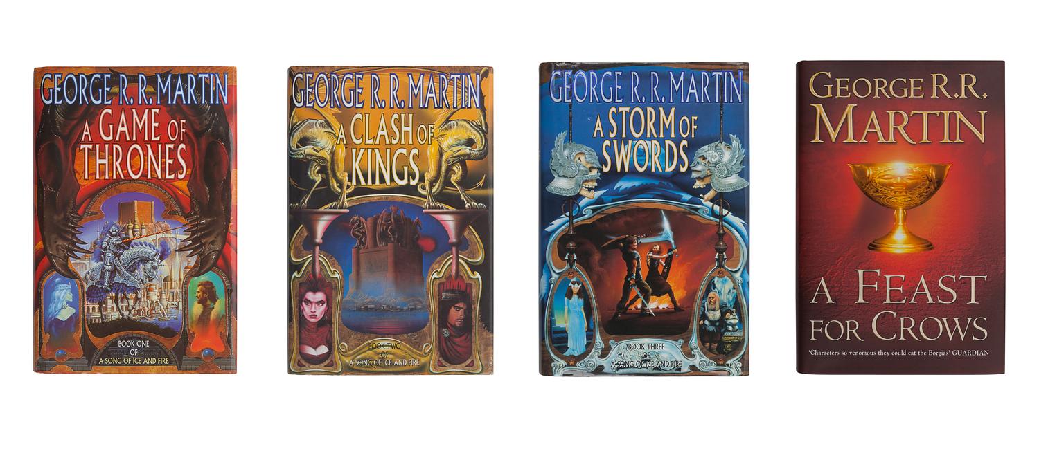 MARTIN, George R. R. (b. 1948). [A Song of Ice and Fire series:] A Game of Thrones -- A Clash of Kings -- A Storm of Swords -- A Feast for Crows . London: Voyager, Harper Collins, 1996, 1998, 2000, 2005.