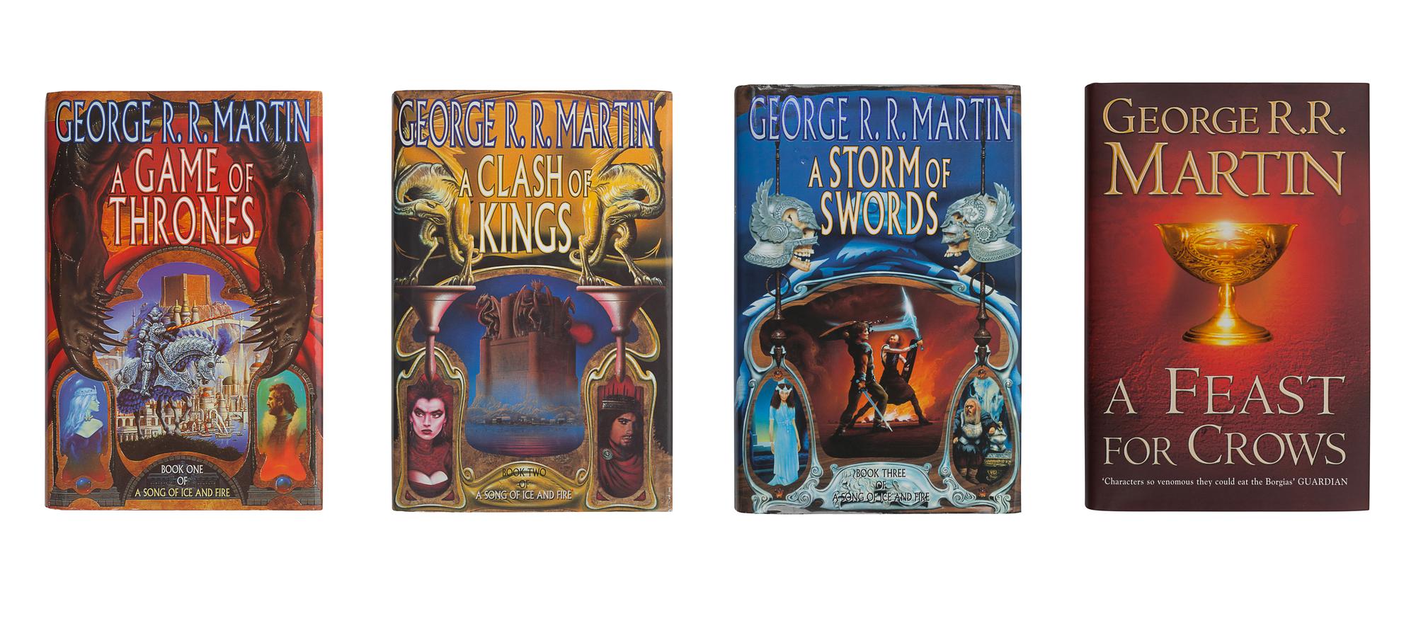 MARTIN, George R. R. (b. 1948). [A Song of Ice and Fire series:] A Game of Thrones -- A Clash of Kings -- A Storm of Swords -- A Feast for Crows . London: Voyager, Harper Collins, 1996, 1998, 2000, 2005.