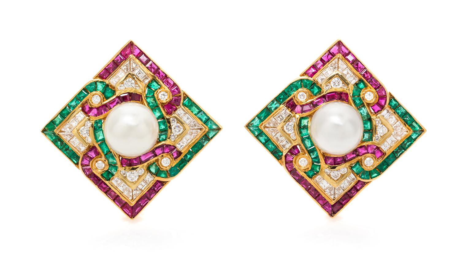 A Pair of 18 Karat Yellow Gold, Ruby, Emerald, Diamond and Cultured South Sea Pearl Earclips, 22.30 dwts.