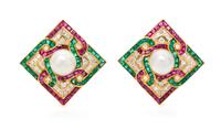 A Pair of 18 Karat Yellow Gold, Ruby, Emerald, Diamond and Cultured South Sea Pearl Earclips, 22.30 dwts.