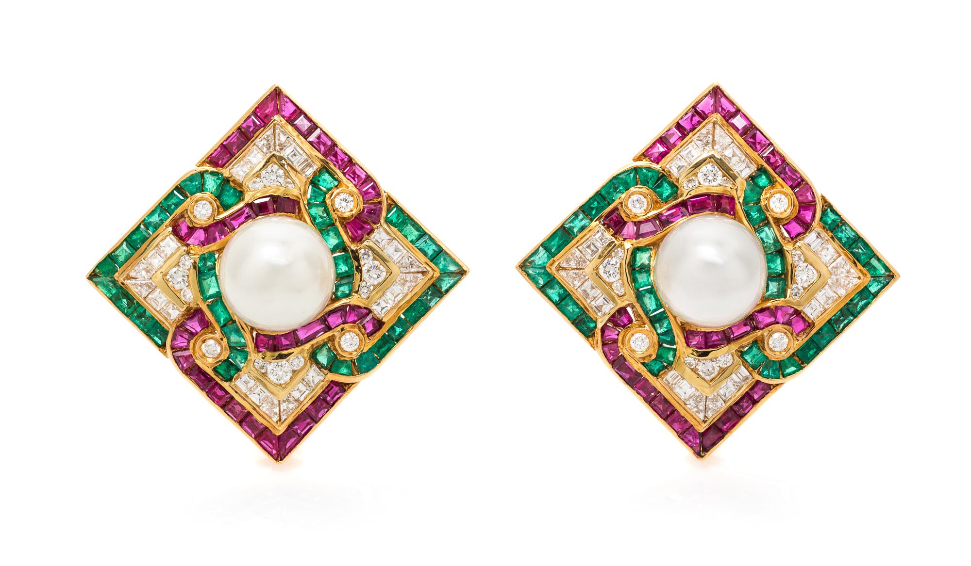 A Pair of 18 Karat Yellow Gold, Ruby, Emerald, Diamond and Cultured South Sea Pearl Earclips, 22.30 dwts.