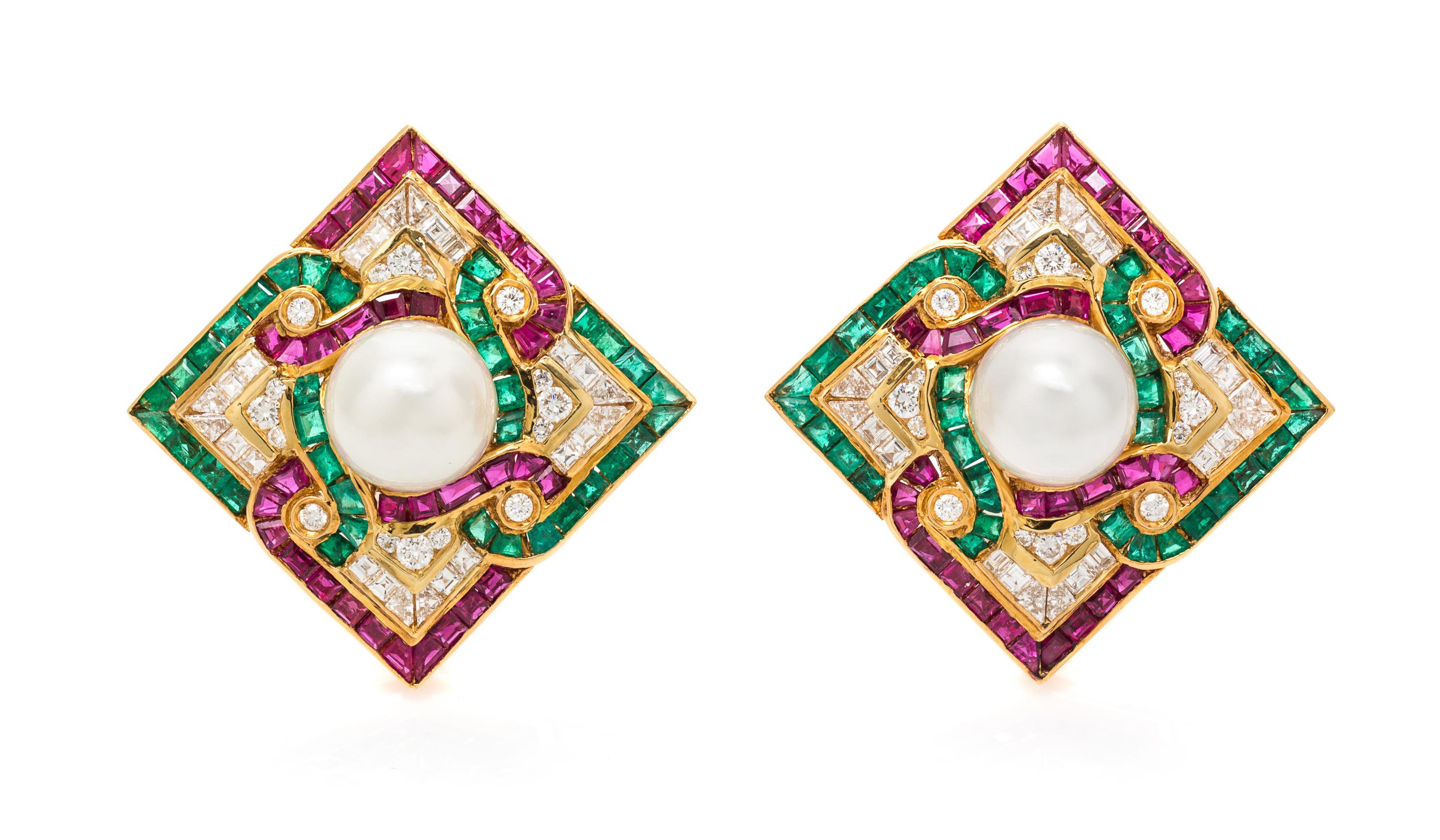A Pair of 18 Karat Yellow Gold, Ruby, Emerald, Diamond and Cultured South Sea Pearl Earclips, 22.30 dwts.