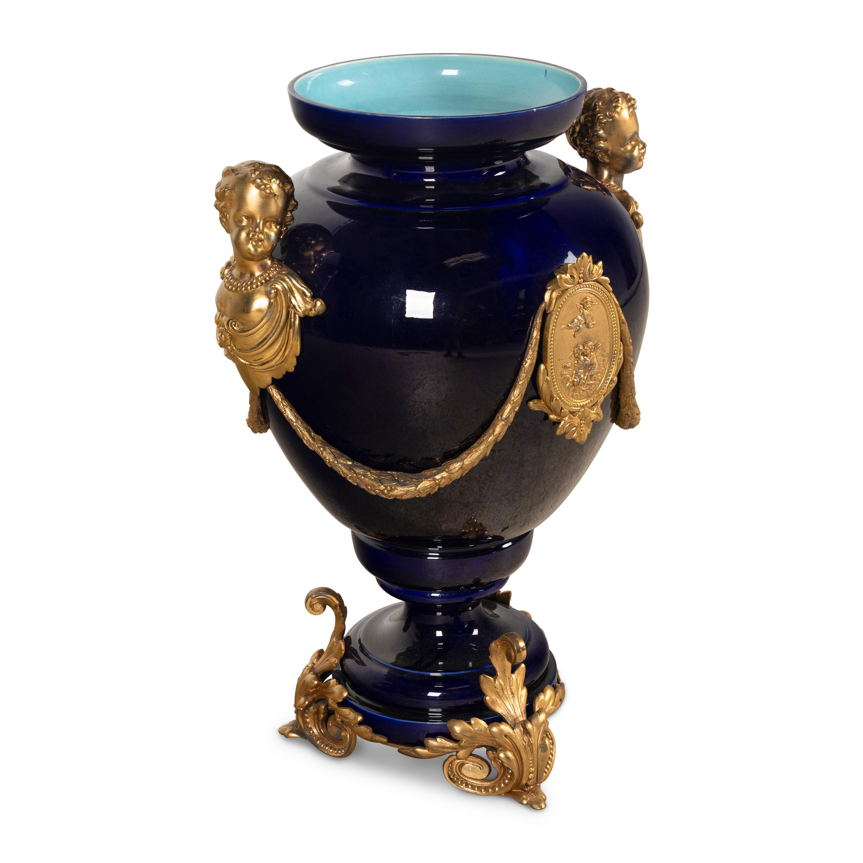 A Large Napoleon III Style Gilt-Bronze Mounted Cobalt-Glazed Porcelain Urn