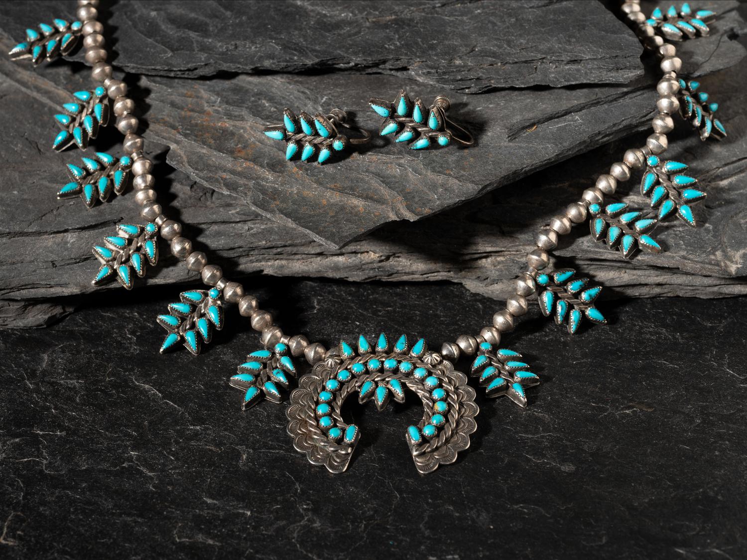 Zuni or Navajo Child's Petit Point Turquoise and Silver Squash Blossom Necklace with Earrings