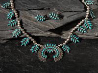 Zuni or Navajo Child's Petit Point Turquoise and Silver Squash Blossom Necklace with Earrings