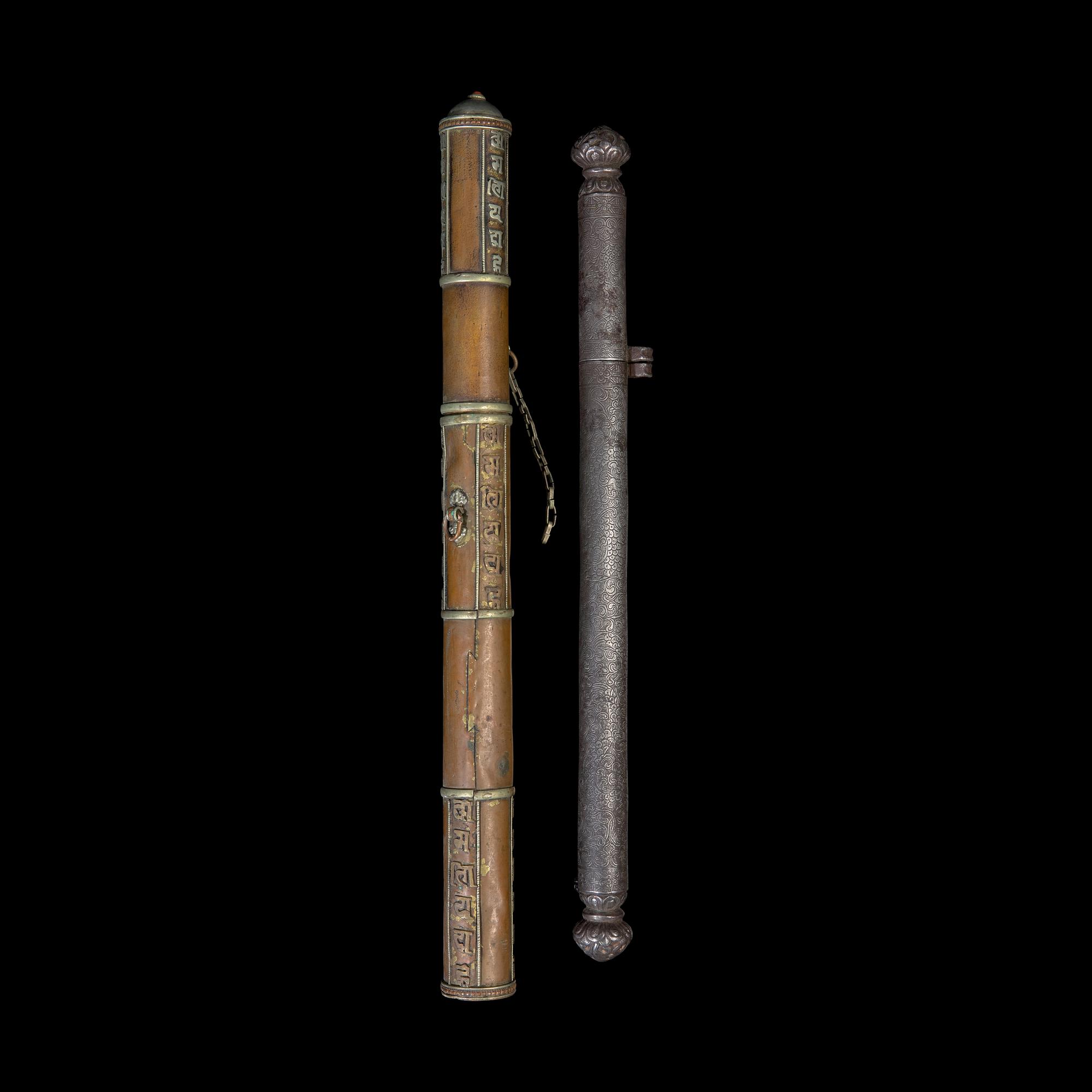 Two Tibetan Metal Pen or Stick Incense Cases 藏傳香筒兩隻
