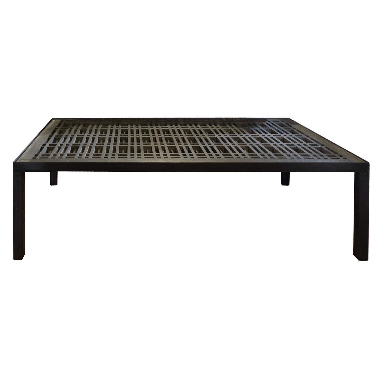 An Oak and Steel Coffee Table with Lattice Panel from the Oak Park Club, Oak Park, IL. 70" W x 38.5" D x 20.25" H — United States, 20th Century