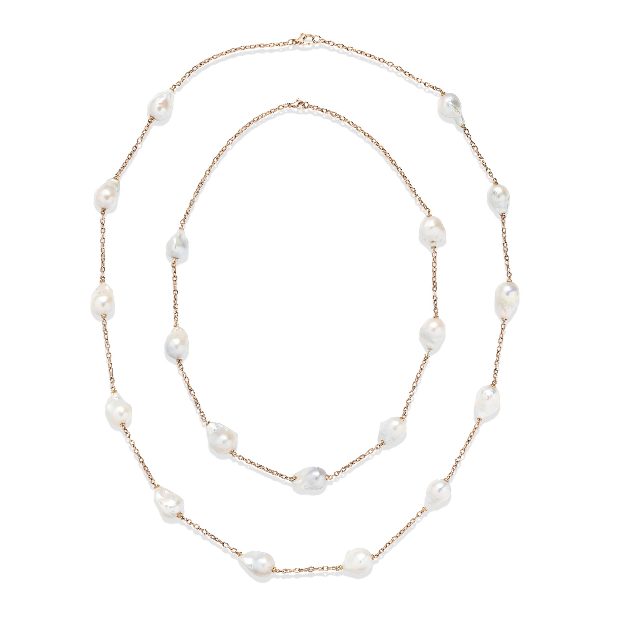 TWO BAROQUE CULTURED PEARL AND ROSE GOLD STATION NECKLACES