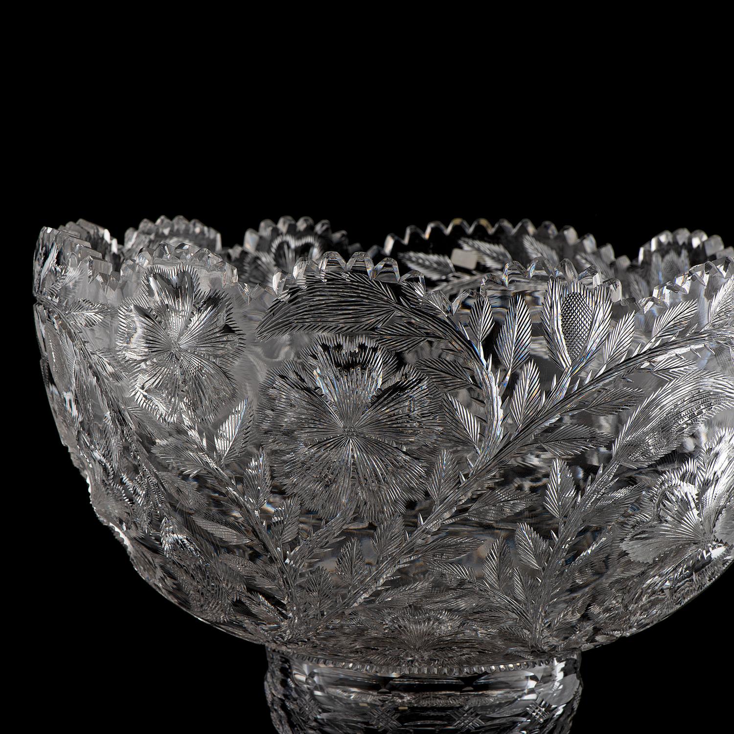 A W. C. Anderson Brilliant-Period Cut Glass Punch Bowl and Stand with Flowers