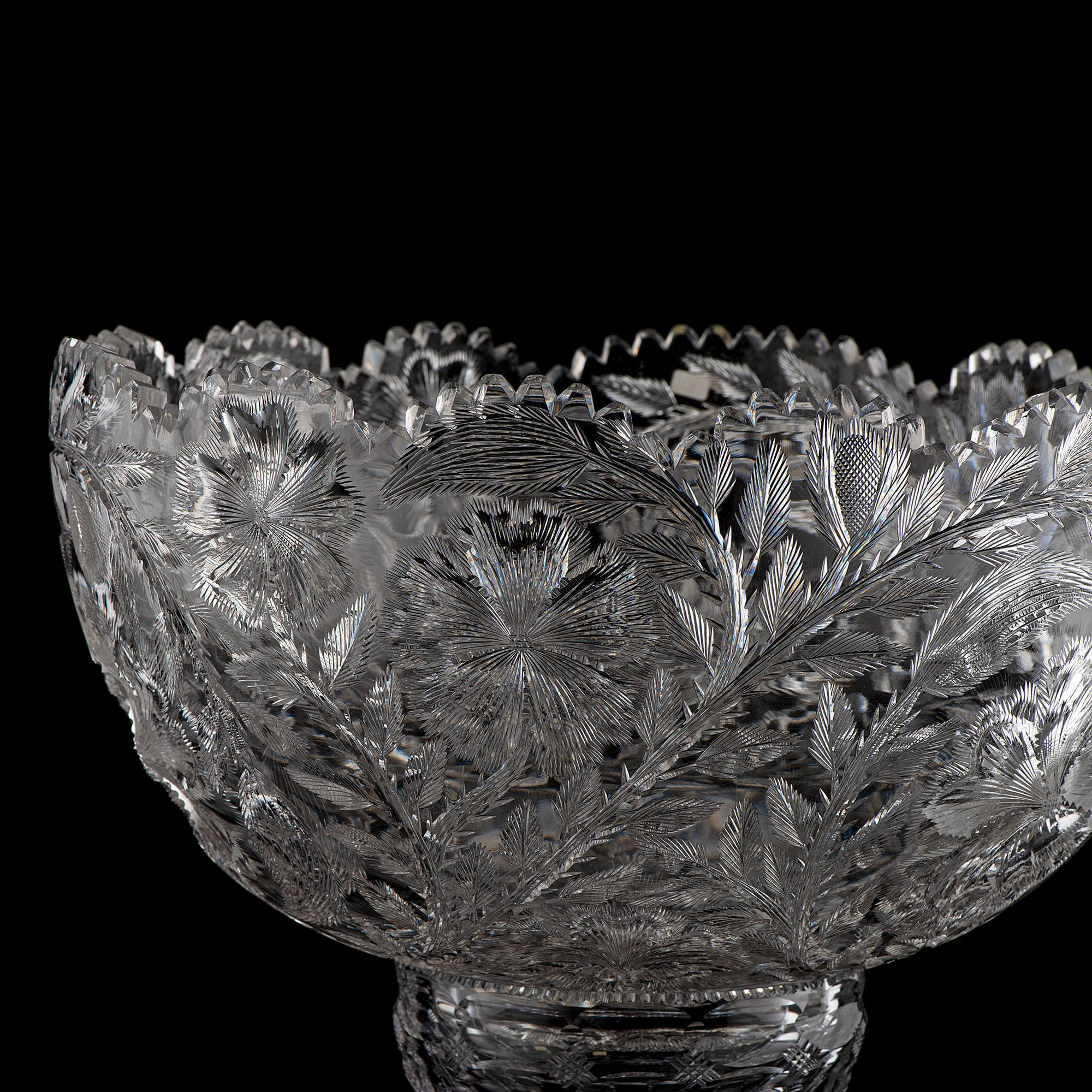 A W. C. Anderson Brilliant-Period Cut Glass Punch Bowl and Stand with Flowers