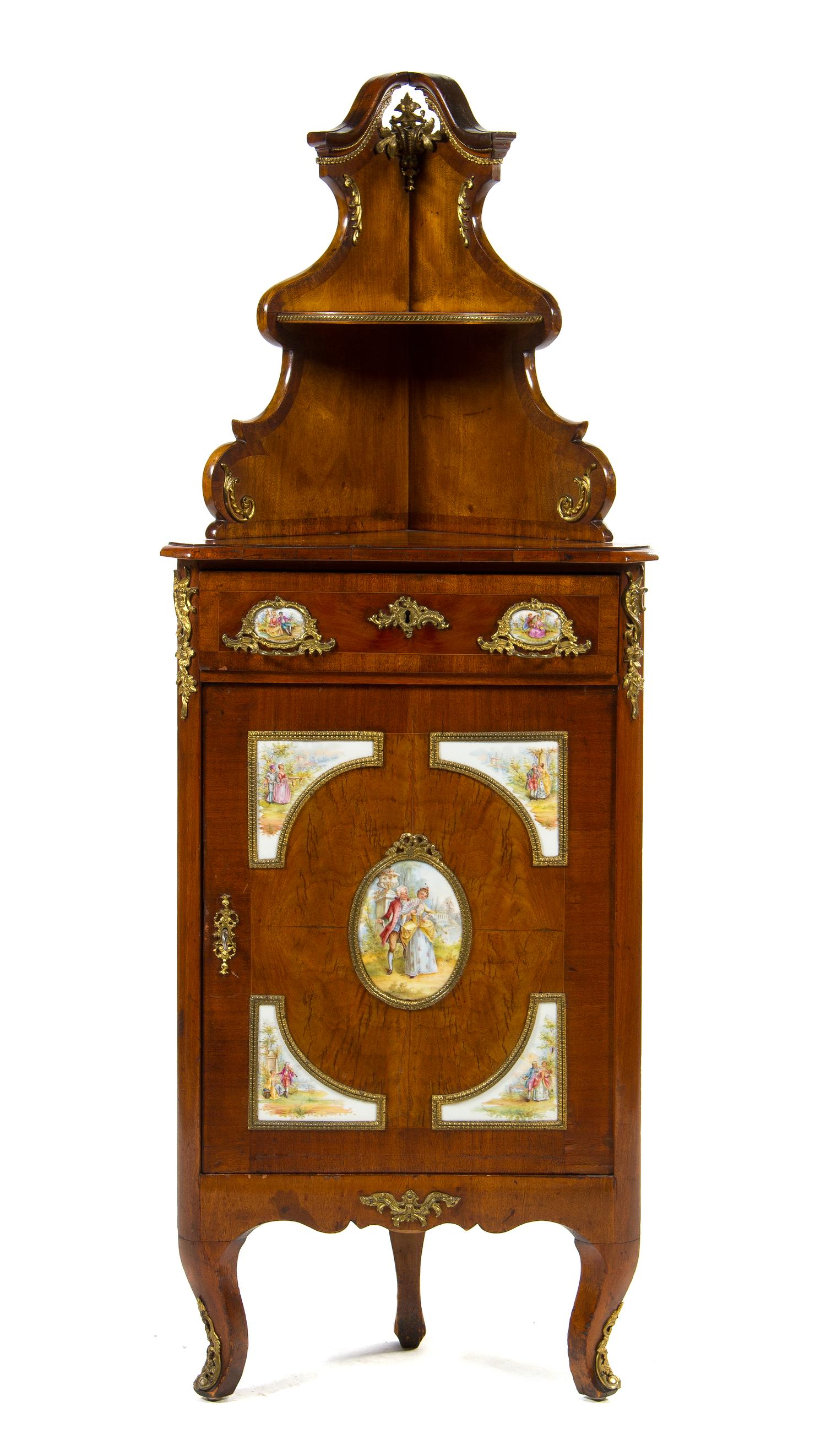 A German Burlwood and Porcelain Mounted Corner Cabinet, Height 64 x width 24 x depth 12 inches.