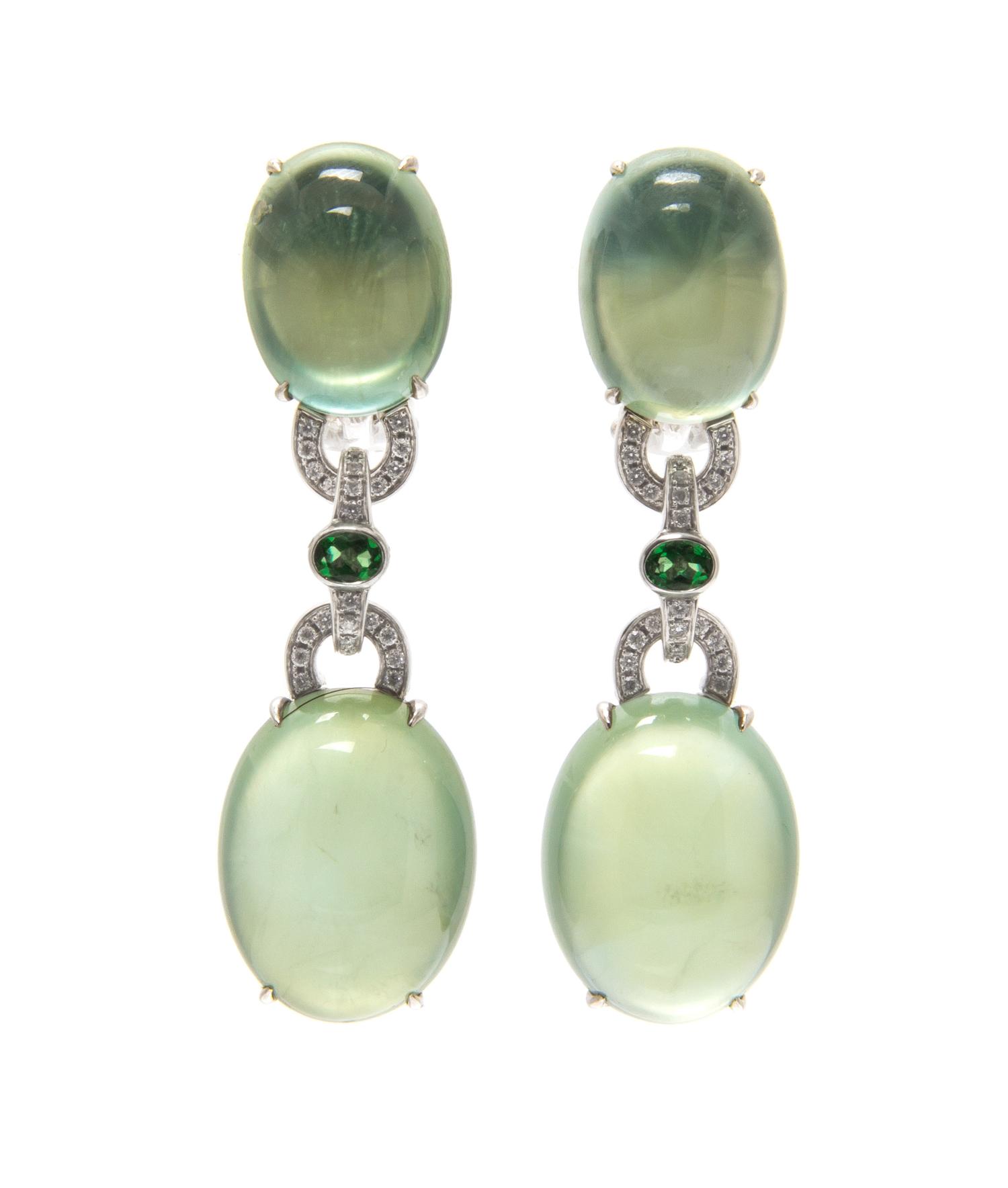 An 18 Karat White Gold, Prehnite, Green Tsavorite Garnet and Diamond Demi Parure, 65.40 dwts.