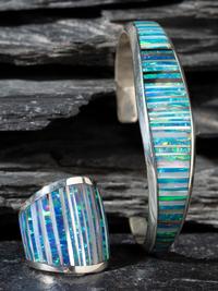 Matching Silver and Mosaic Inlay Cuff Bracelet and Ring