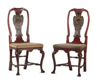 A Pair of Dutch Rococo Shell-Carved, Red Painted and Polychrome Decorated Side Chairs