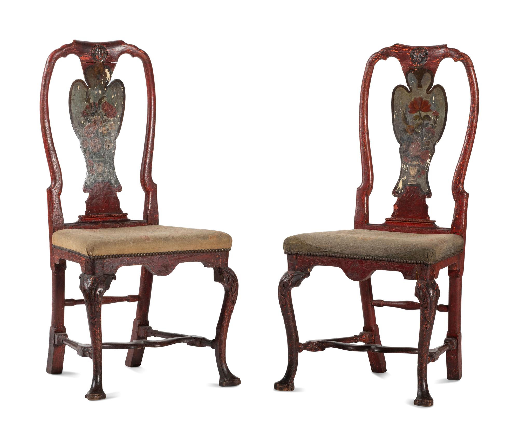 A Pair of Dutch Rococo Shell-Carved, Red Painted and Polychrome Decorated Side Chairs