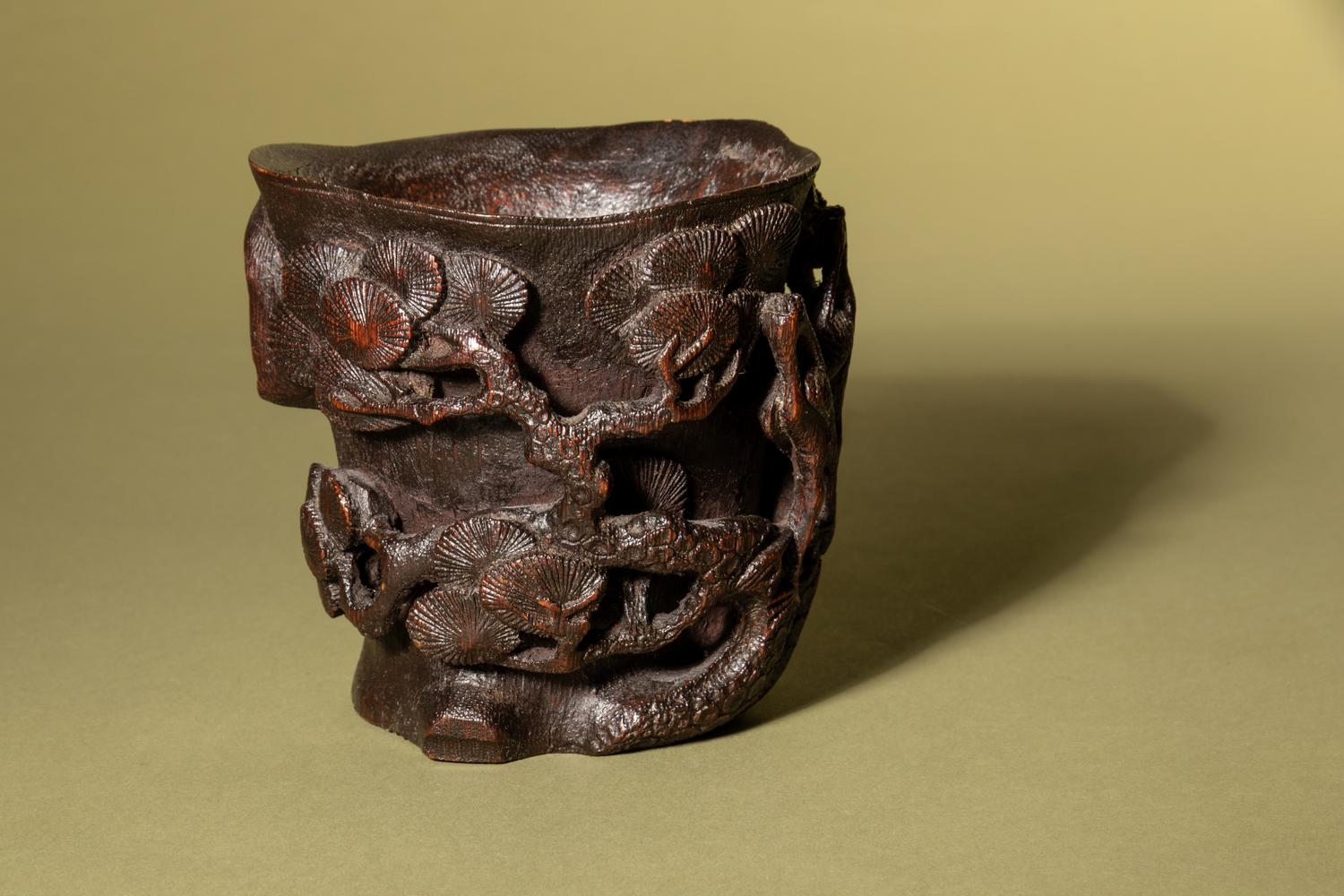 A Carved Bamboo 'Pine and Crane' Libation Cup