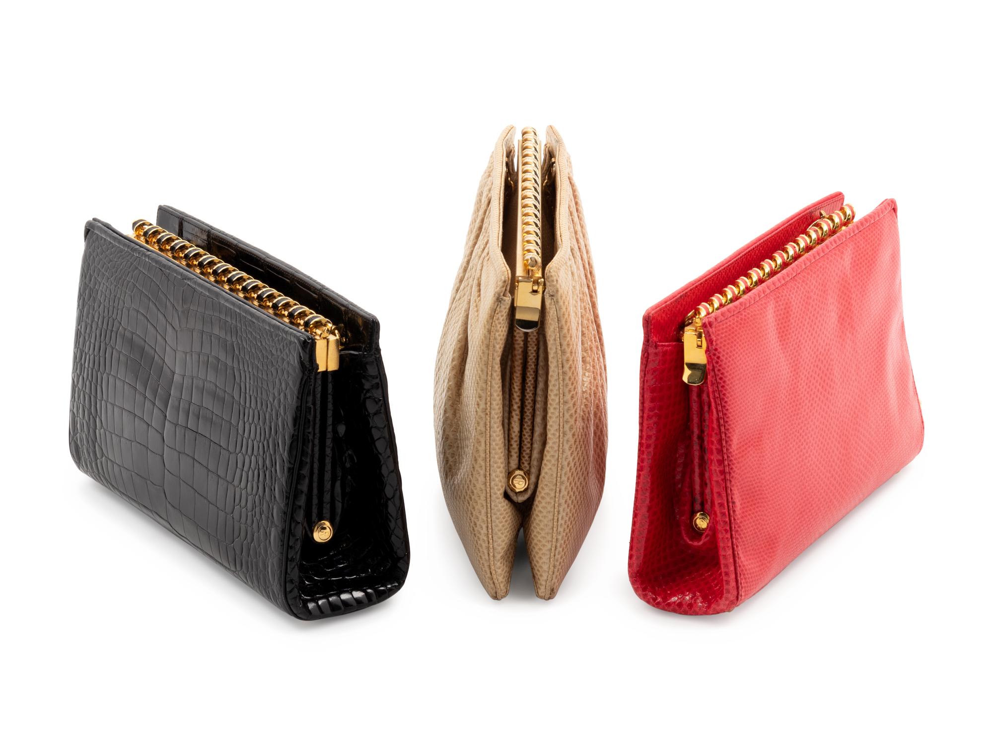 Three Judith Leiber Frame Bags; Two Karung, One Crocodile
