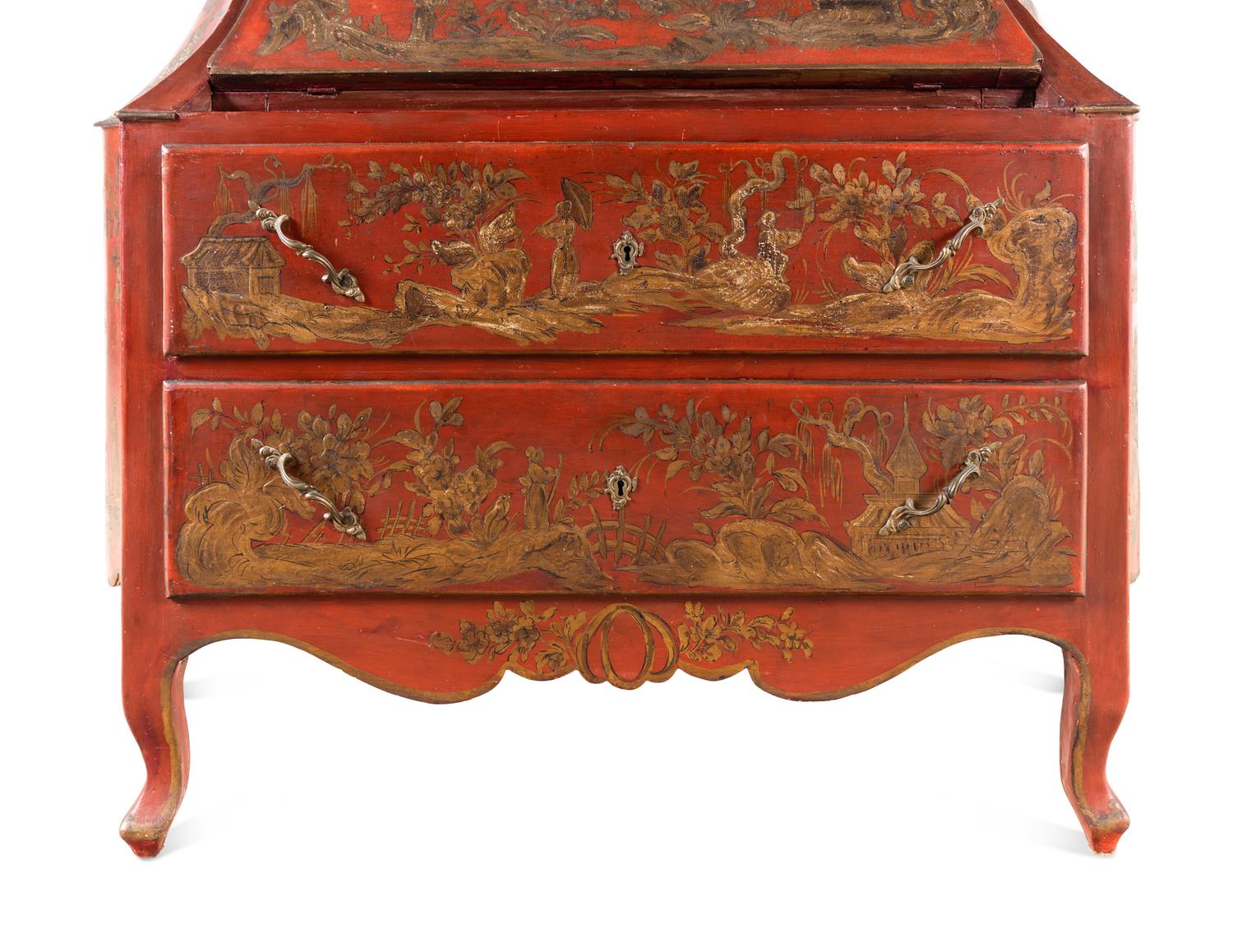 An Italian Red and Gilt-Japanned Bureau Cabinet