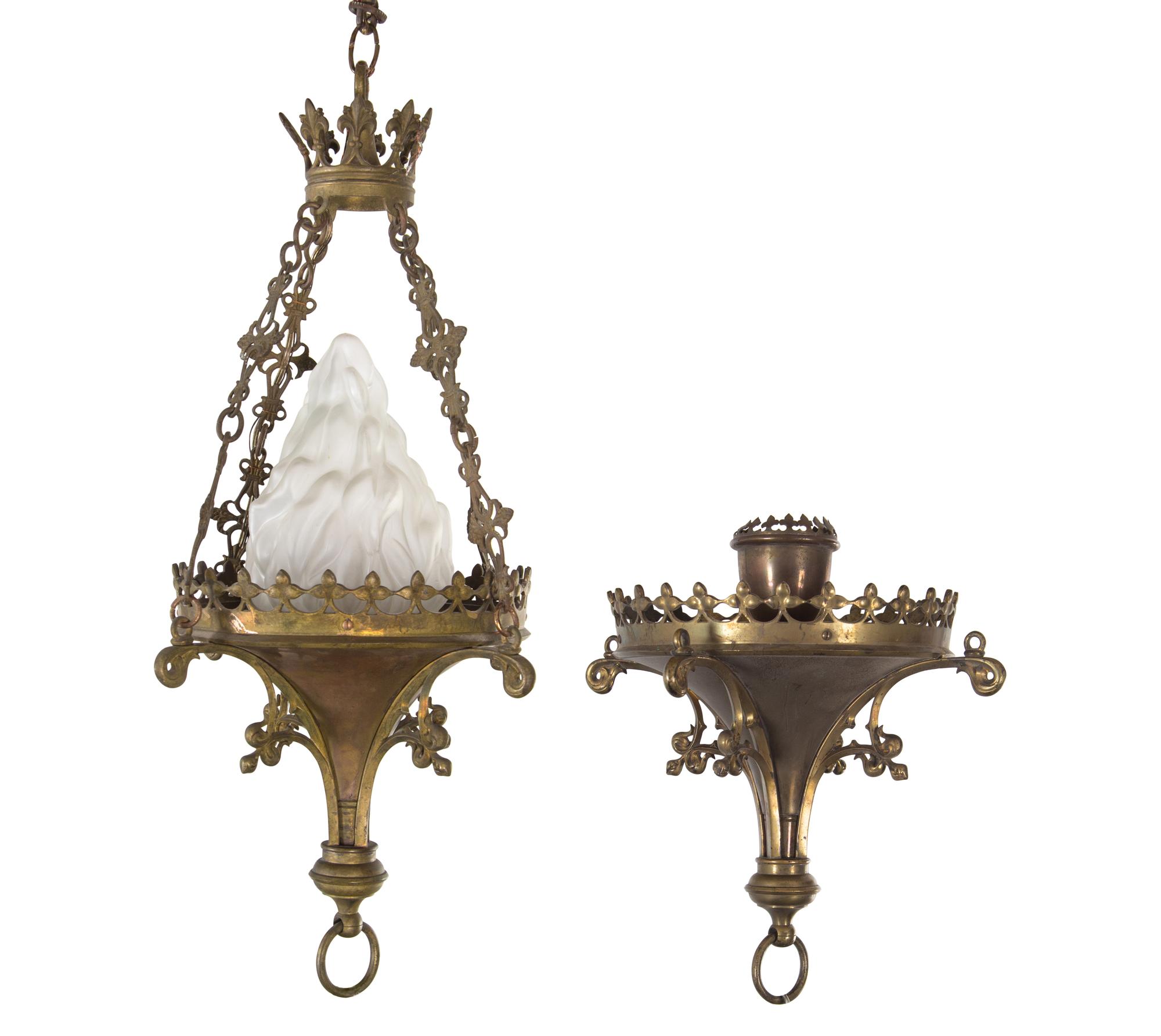 A Continental Brass and Frosted Glass Hall Lantern