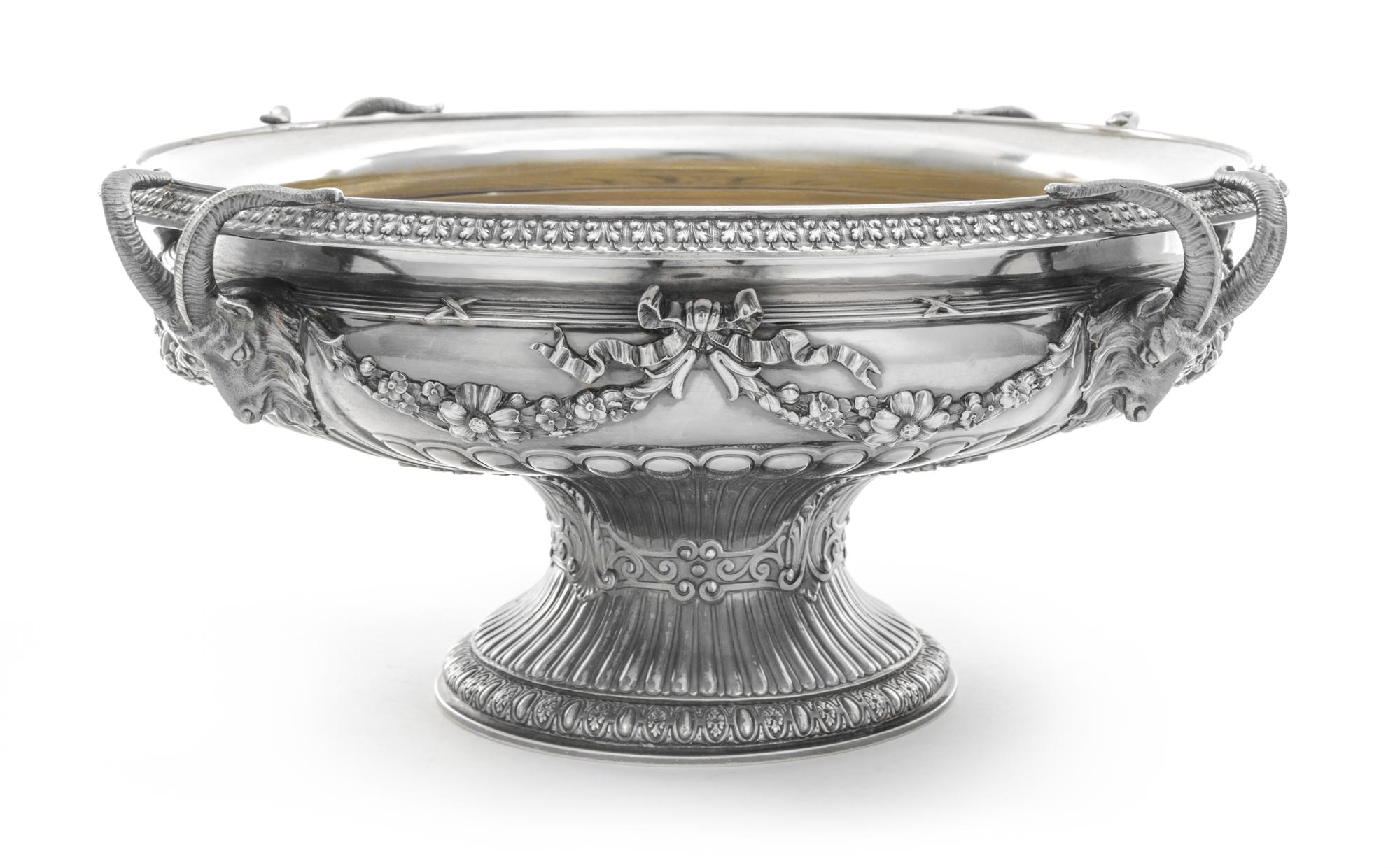 An American Silver Centerpiece Bowl, Gorham Mfg. Co., Providence, RI, the rim having an acanthus decorated band, the body with ram mask