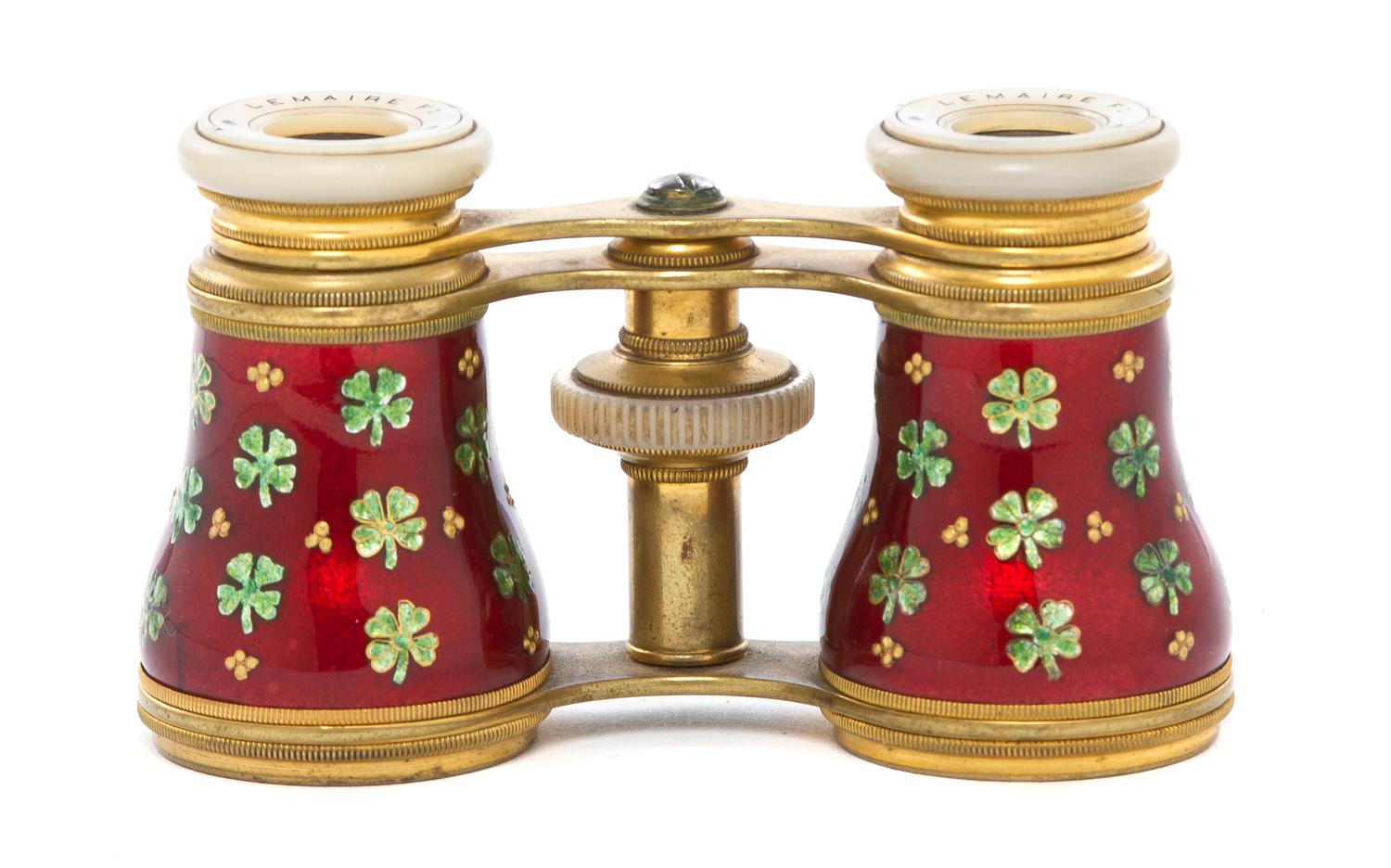 A Pair of French Enameled Opera Glasses, Lemaire, Width 3 7/8 inches.