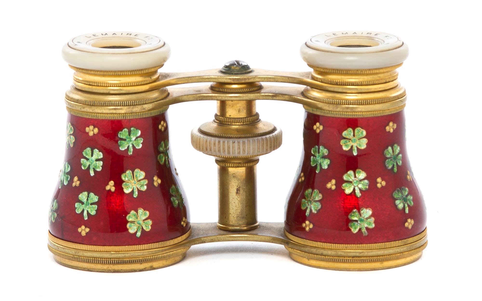 A Pair of French Enameled Opera Glasses, Lemaire, Width 3 7/8 inches.