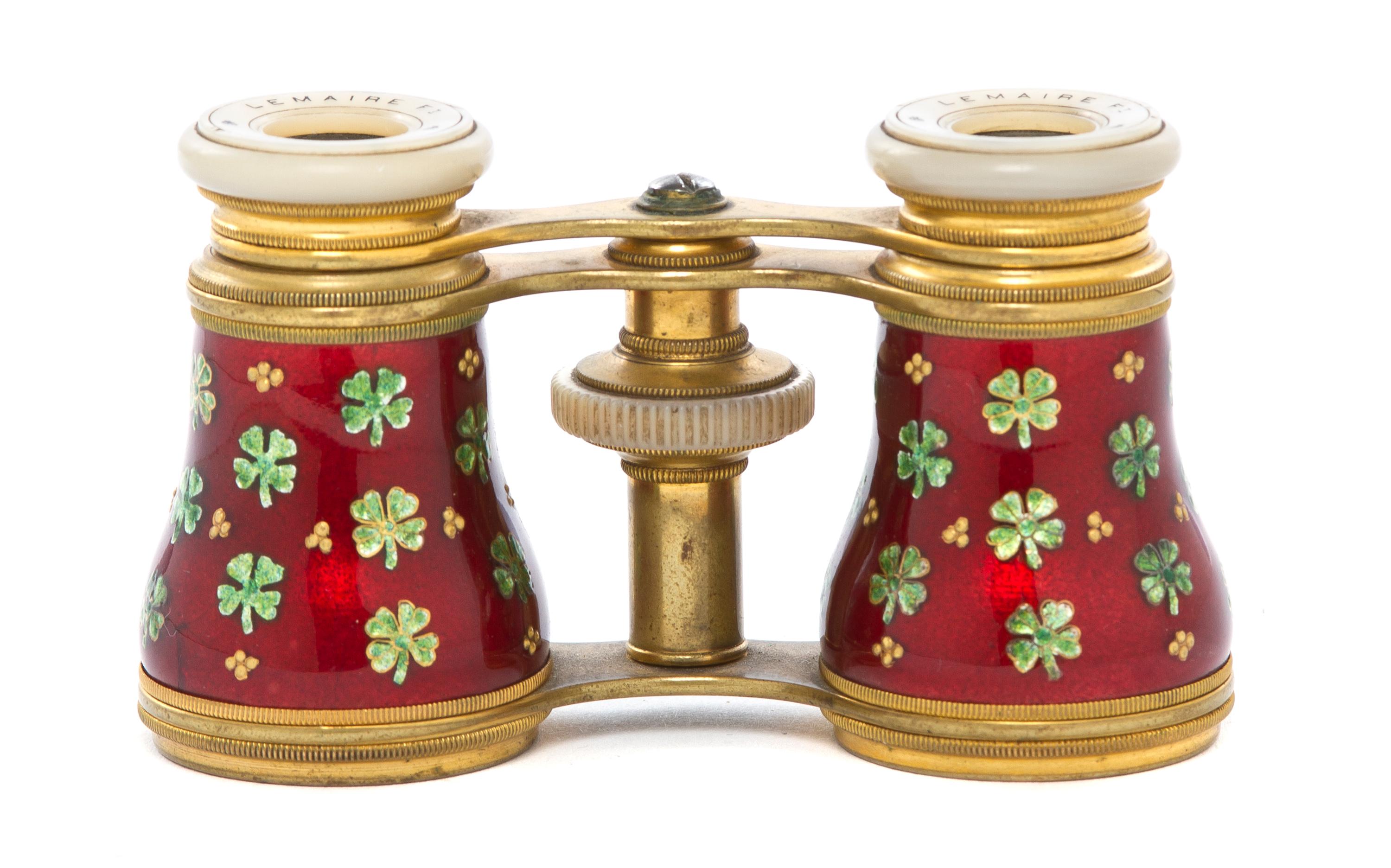 A Pair of French Enameled Opera Glasses, Lemaire, Width 3 7/8 inches.