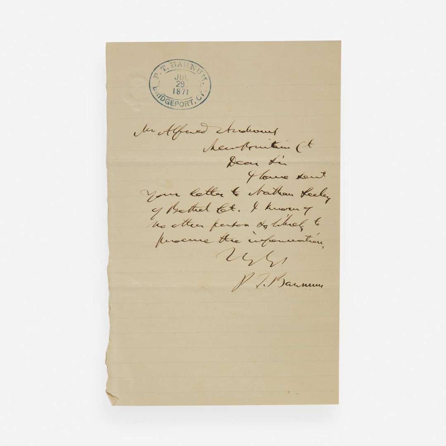 [Americana] Barnum, P.T. Group of 2 Autograph Letters, signed