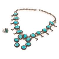 Navajo Silver and Turquoise Squash Blossom Necklace AND Turquoise Ring