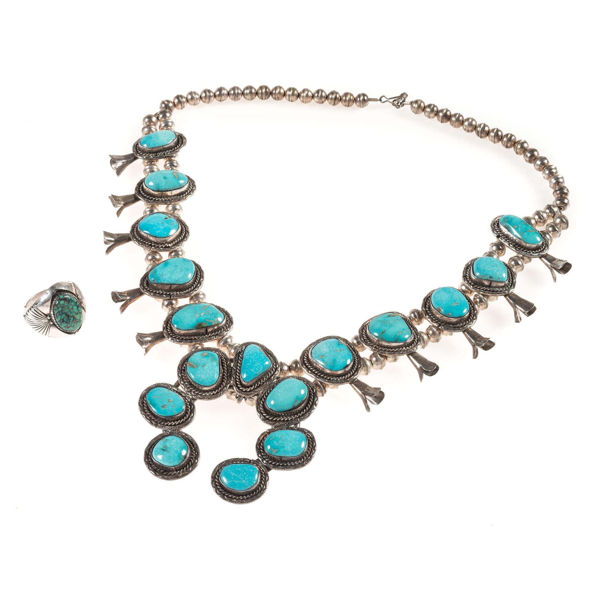 Navajo Silver and Turquoise Squash Blossom Necklace AND Turquoise Ring