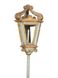 A Pair of Italian Blue Painted and Parcel Gilt Gondola Lanterns