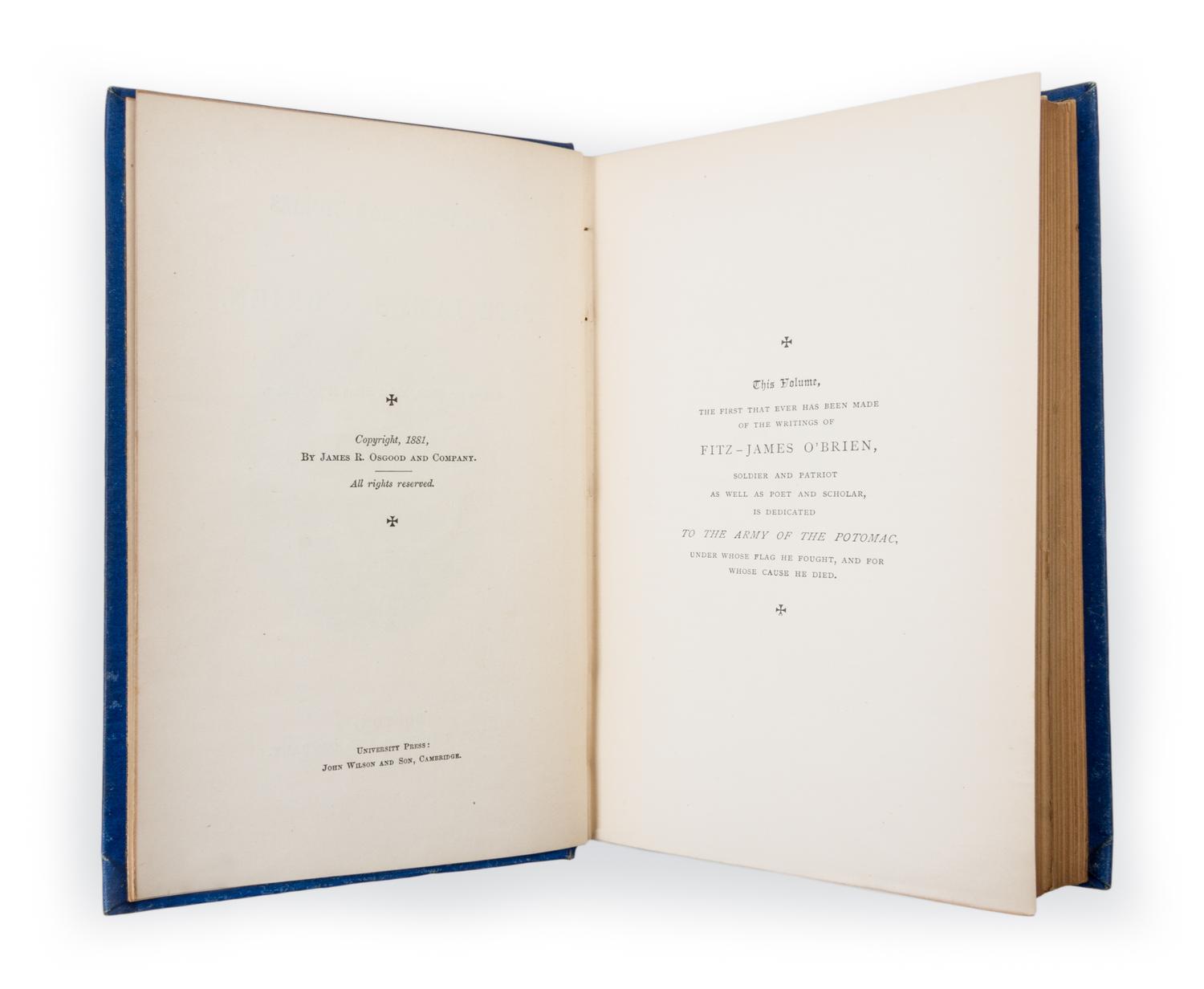 O'BRIEN, FITZ-JAMES. The Poems and Stories of Fitz-James O'Brien. Boston, 1881.